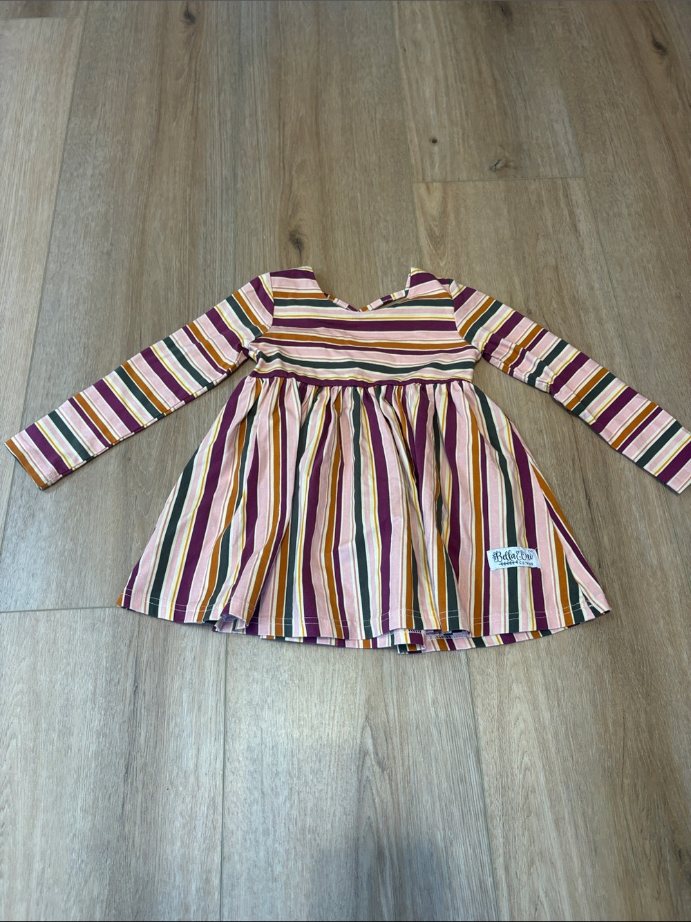 Bella & Omi Striped Long-Sleeve Kids Dress in Pink, Mustard & Green